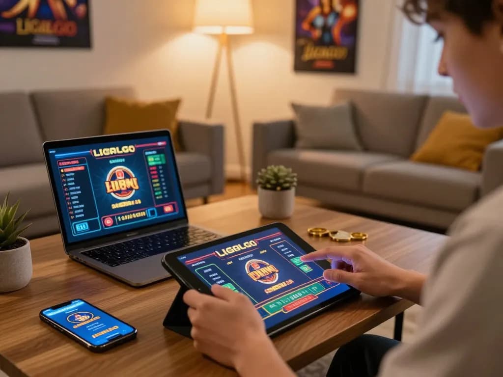 LIGALGO online casino gameplay on a tablet in a cozy living room setting with ambient lighting.