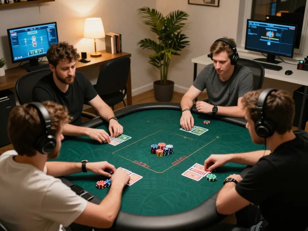 Engaged players strategizing during an online poker session at home, TA88 showcased prominently on screens