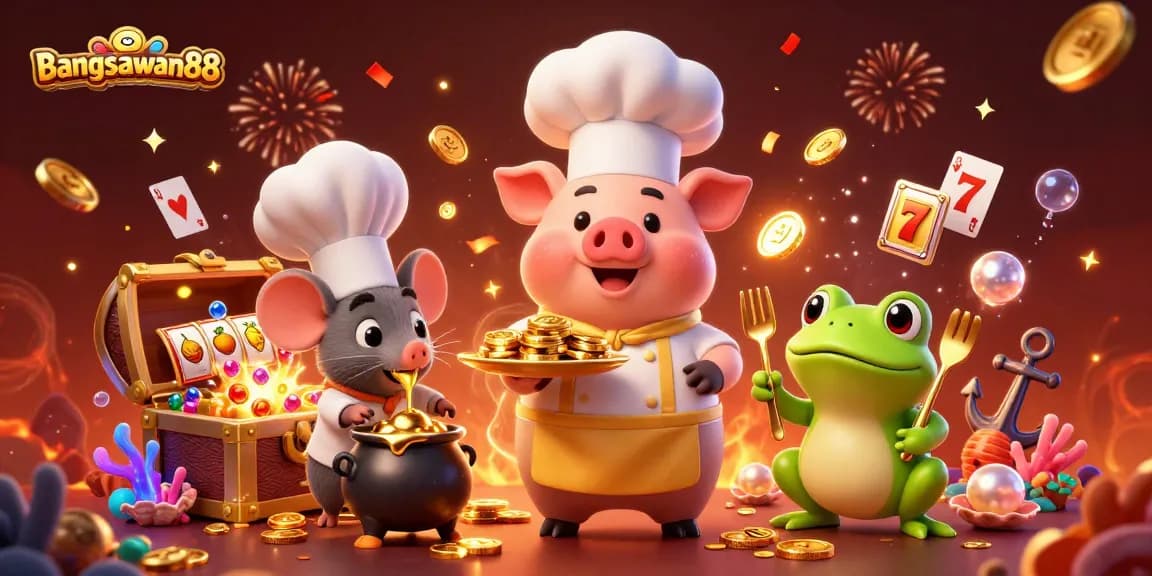 Join bangsawan88's thrilling adventure with a chef pig and critters in a vibrant casino world bursting with treasures