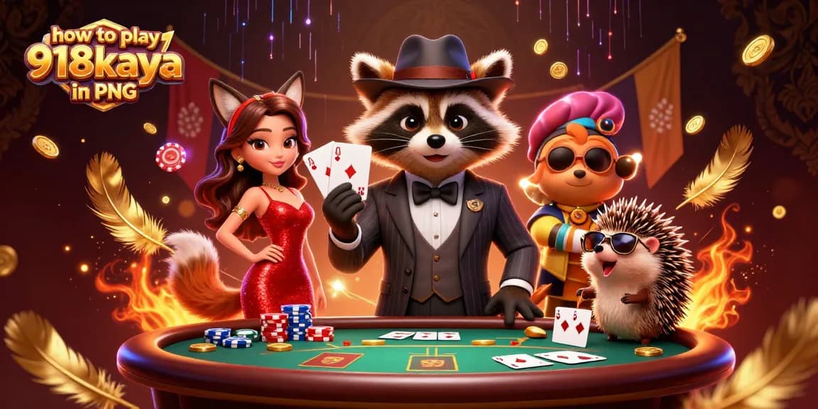 How to play 918kaya in PNG with an engaging illustration featuring characters and poker elements.