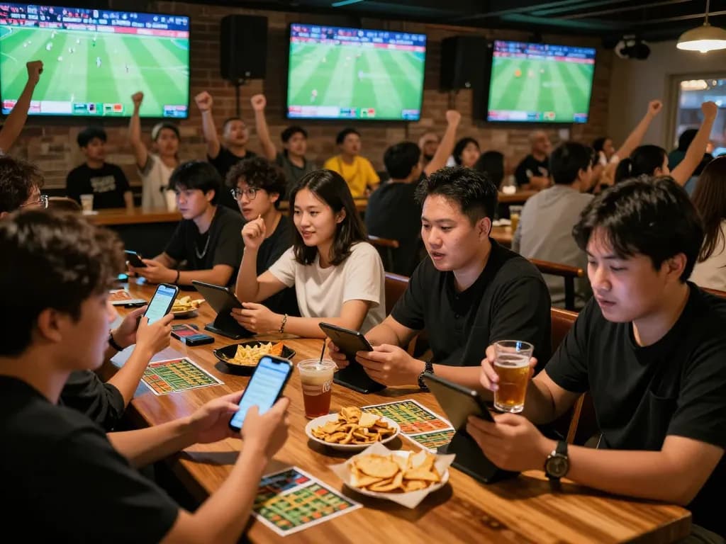 Sports fans engaged in soi keo bong da hom nay, using smartphones at a lively sports bar during a live match.