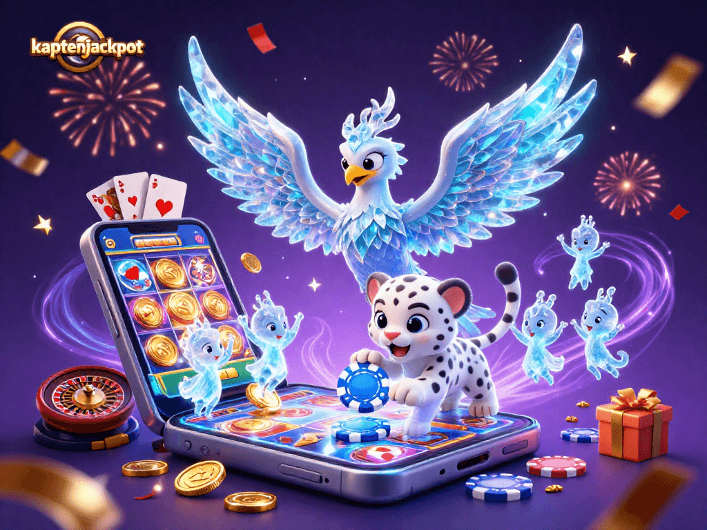 Experience the vibrant kaptenjackpot world with a dazzling ice phoenix amid festive casino elements.