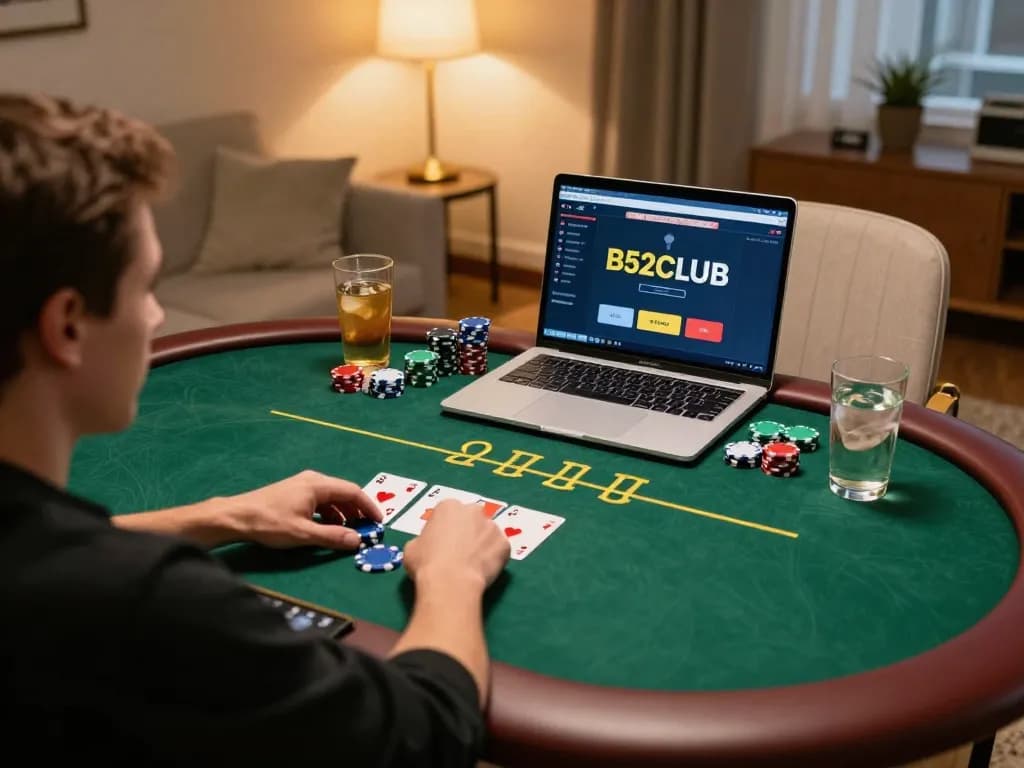 B52CLUB online poker gaming scene with player engaging in live gameplay from home, warm atmosphere.