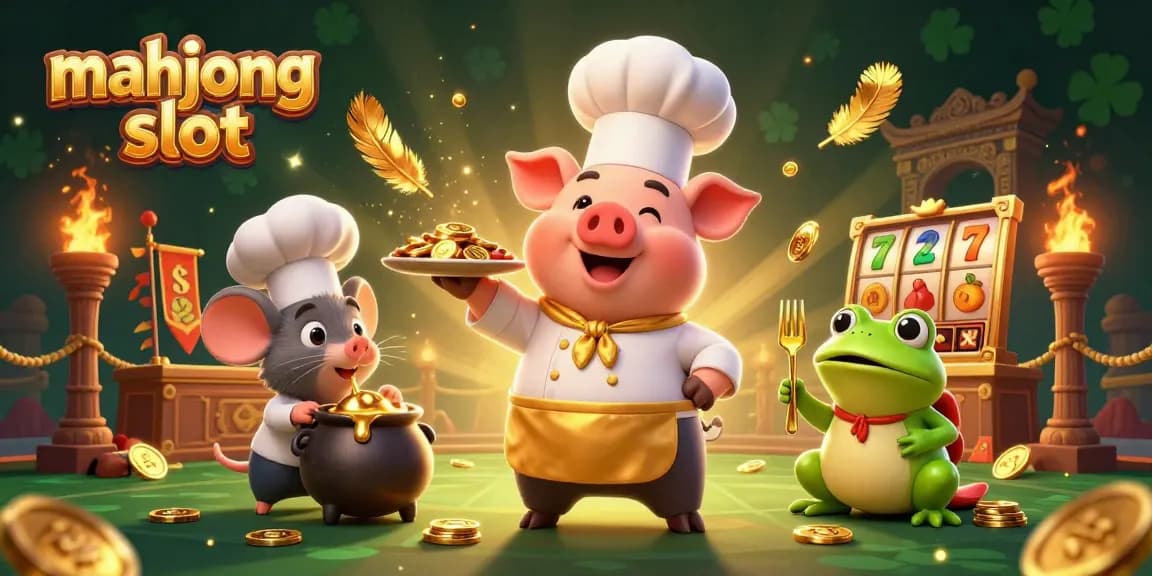 Experience thrill with mahjong slot as chef pig and friends serve golden winnings in a vibrant casino.