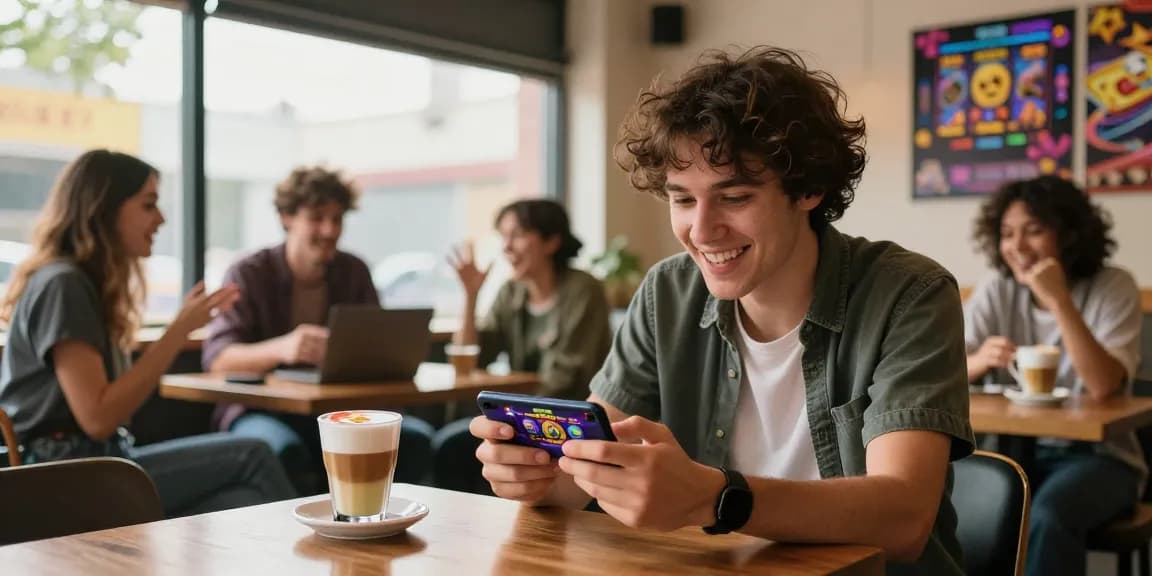 Engaged player enjoying Mega888 on smartphone in a lively cafe