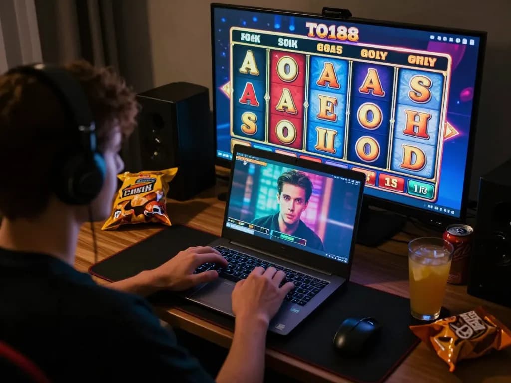 Engaged player enjoying TO188 slot games on their laptop at home, showcasing a vibrant gaming experience