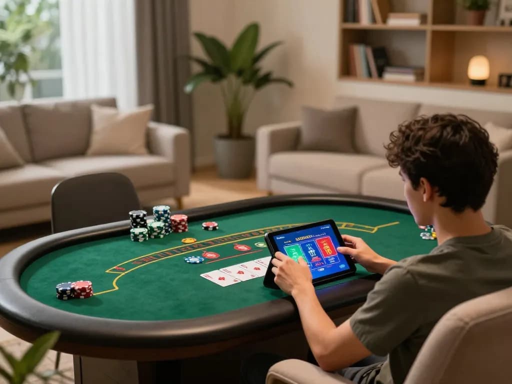 Engaging online gaming scene featuring a person strategizing with sun win on a tablet in a cozy living room.