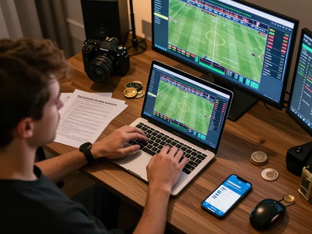 Engaged player using mposport for online sports betting with multiple screens displaying live odds.