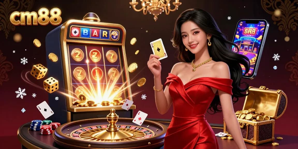 Experience winning cards at cm88 casino with a stunning woman holding a golden card by the roulette wheel.