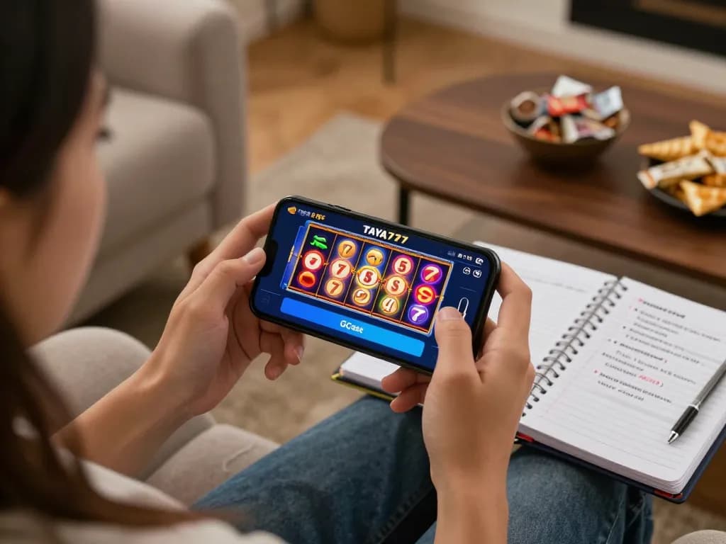 TAYA777 GCash transactions while enjoying a mobile slot game in a cozy home environment.