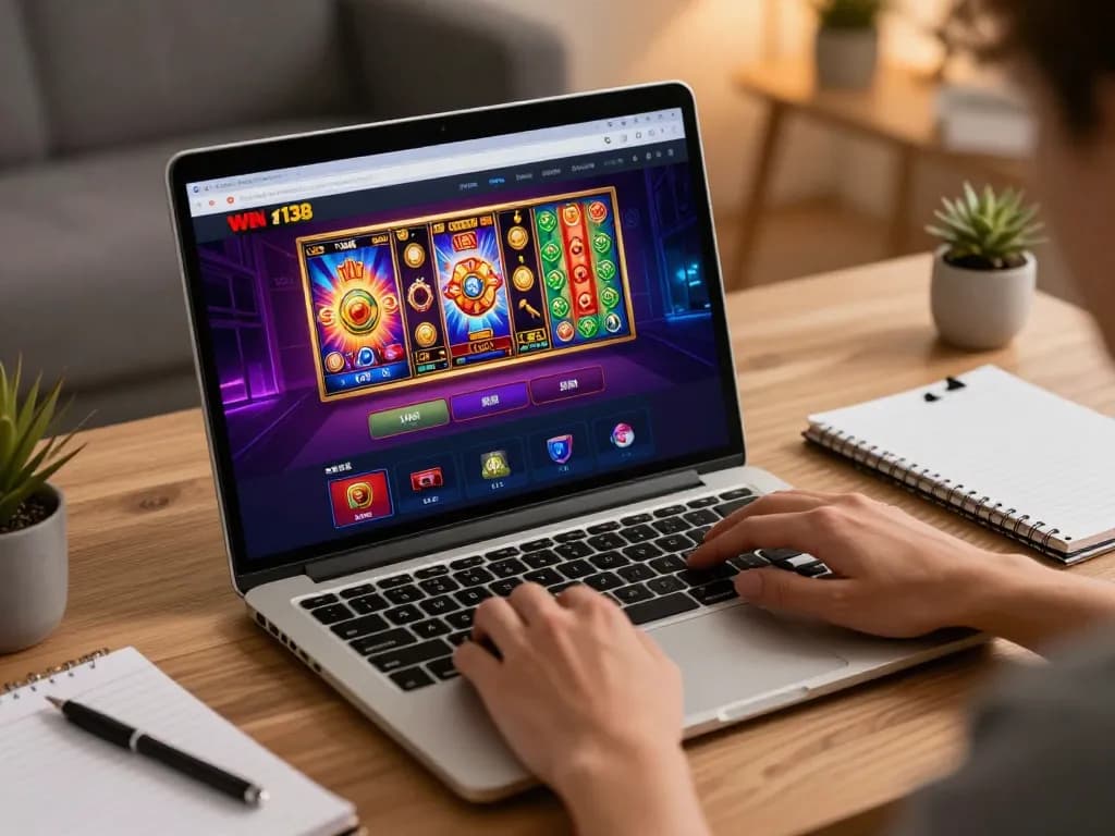 Engaging online gaming scene featuring Win138 platform on a laptop, highlighting slot machine excitement.