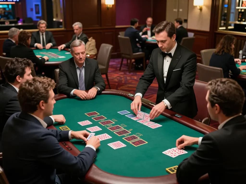 Các người chơi LUCK8 tham gia vào một trò chơi blackjack hấp dẫn với một dealer chuyên nghiệp trong không gian sòng bạc sôi động