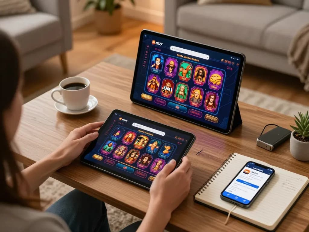 Engaging in online gambling with the ea77 apps download on tablet in a cozy home setting