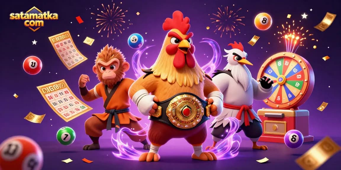 Engage with satamataka com through an exciting lottery scene featuring dynamic characters and colorful game elements.