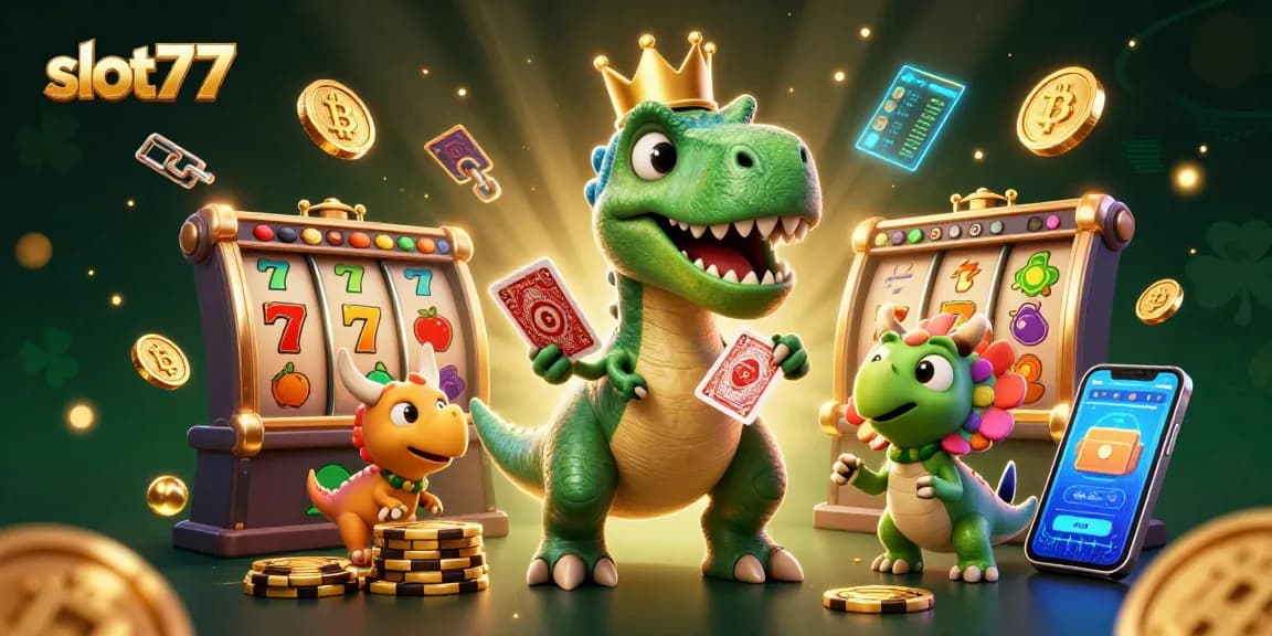 Experience thrills with slot77 as cartoon T-Rex and pals shuffle cards, stack chips amidst vibrant casino symbols.