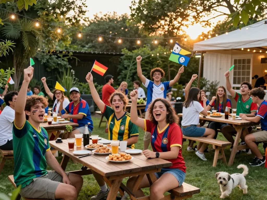 Fans celebrating Cá độ bóng đá at an outdoor football viewing party.