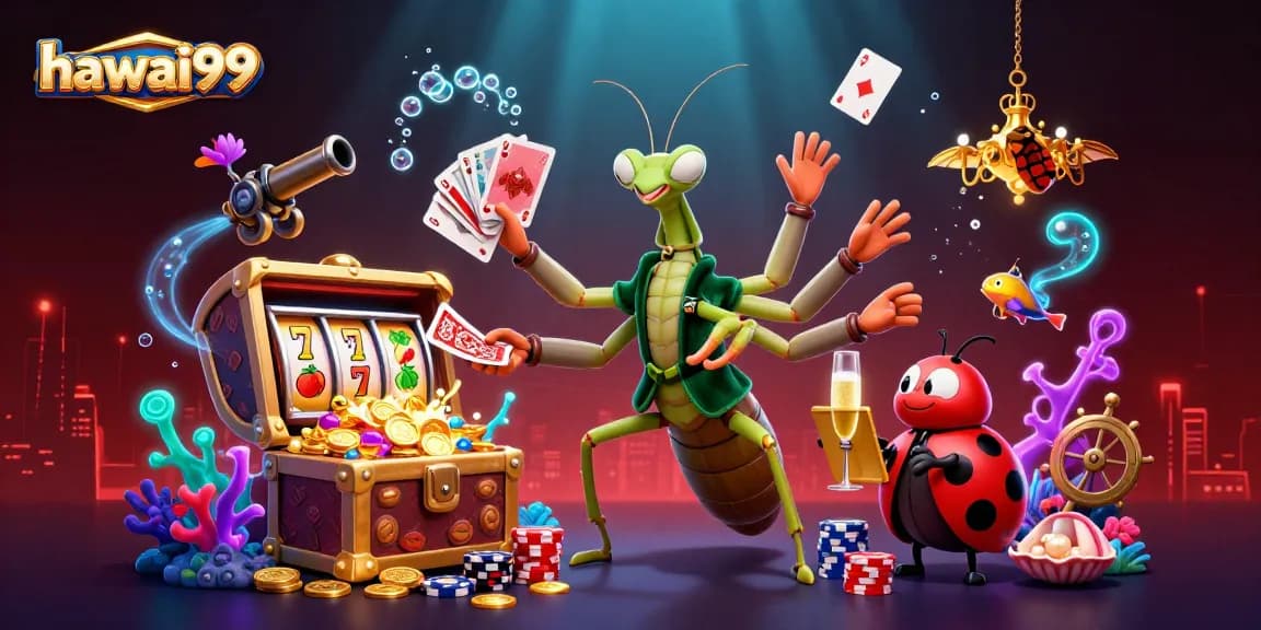 Join the fun at hawai99 with a vibrant 3D scene of a giant mantis card sharp, engaging the thrill of gambling.