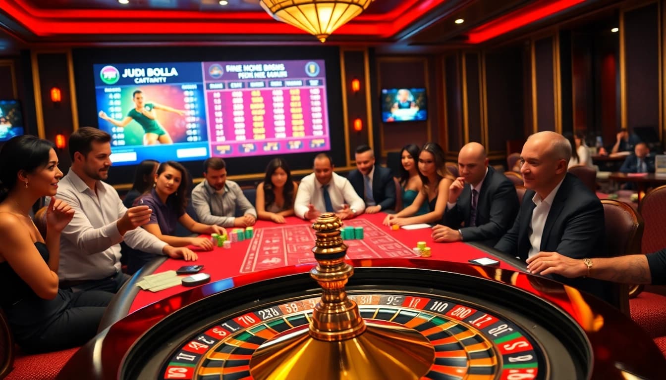 Exciting Judi Bola betting scene with vibrant poker chips and live match odds display.