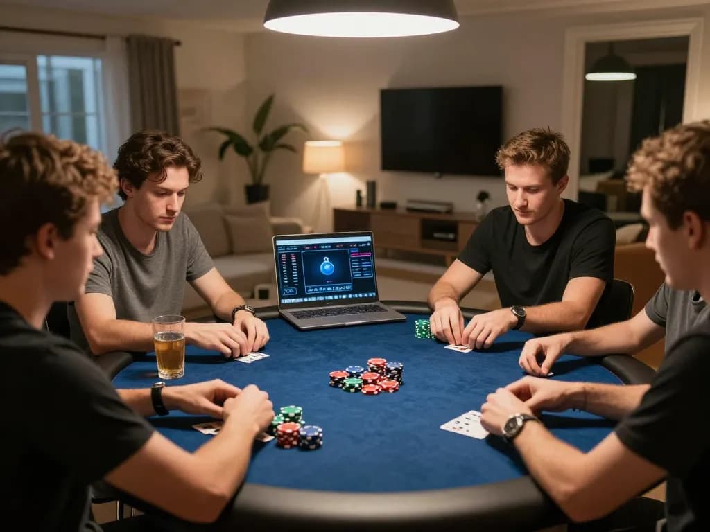 Friends enjoying a strategic poker night at home with vvvwin online gaming interface visible.