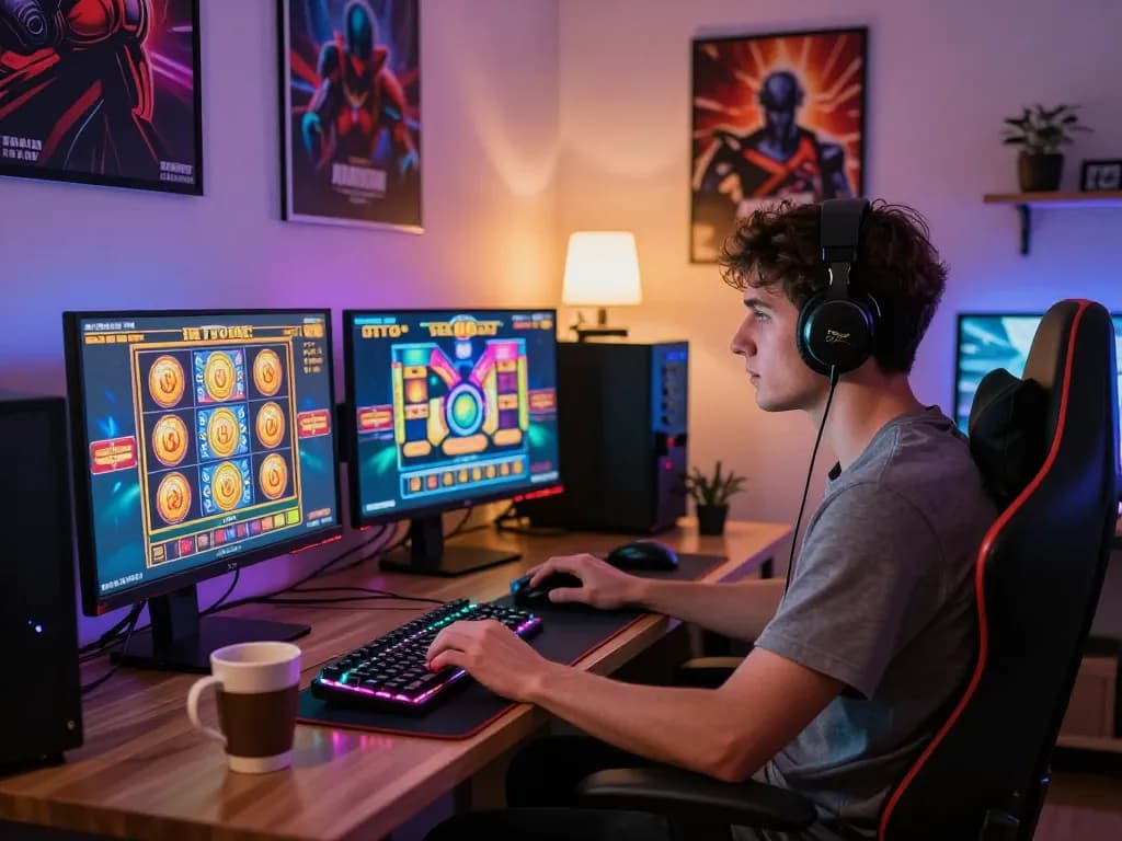 Exciting gaming setup featuring an engaged player enjoying toto slot games with vibrant graphics on multiple screens.