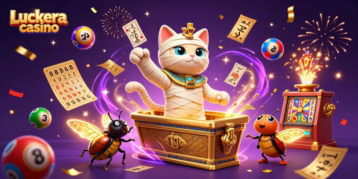 Experience excitement at Luckera casino with a magical scene of a mummy cat and vibrant bingo elements.