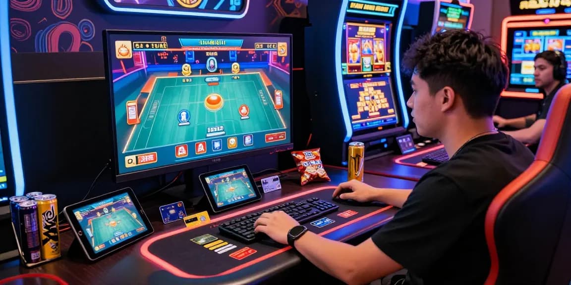 Engaged gamer playing live dealer games at credit card casinos with vibrant gaming setup.