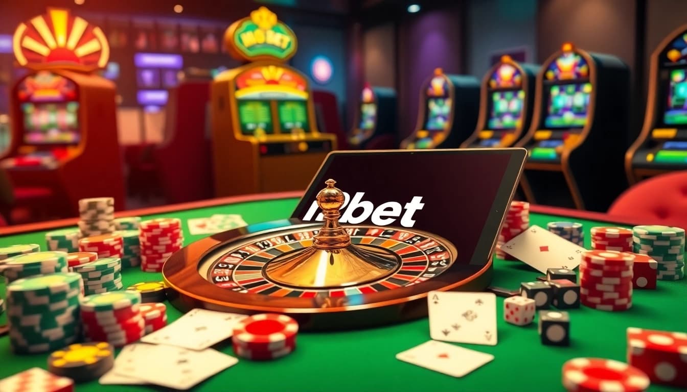The thrilling i9bet casino scene captures the essence of online gambling excitement with roulette and poker chips.