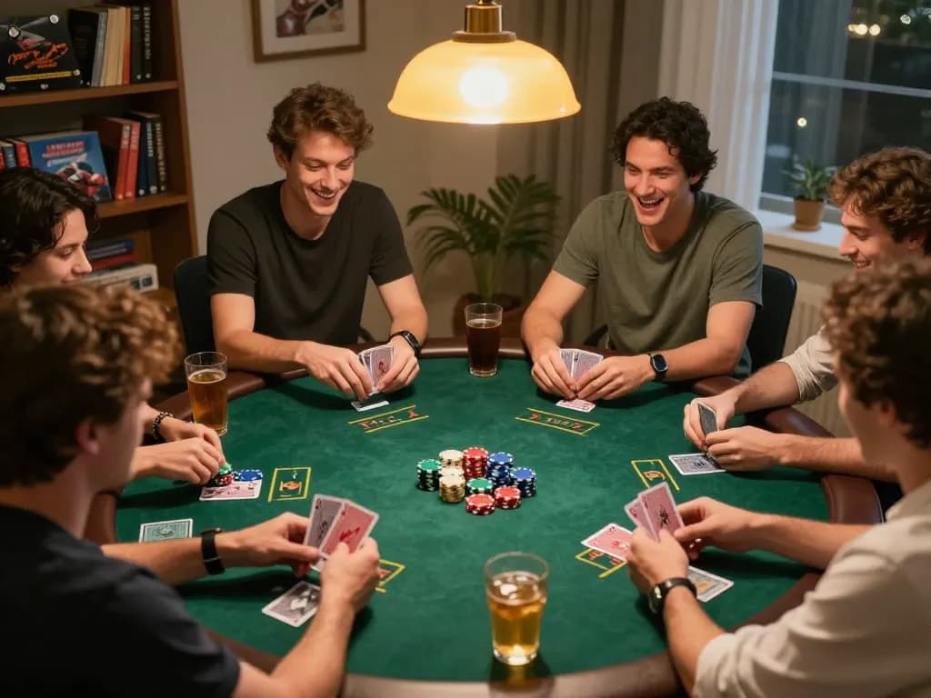 Friends enjoying a lively poker night with gtatogel theme, showcasing cards and chips in a cozy atmosphere.