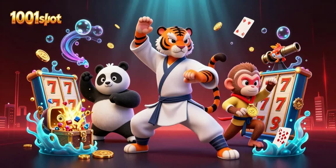 Engage with 1001slot's dynamic gaming scene featuring kung fu characters and vibrant casino elements.