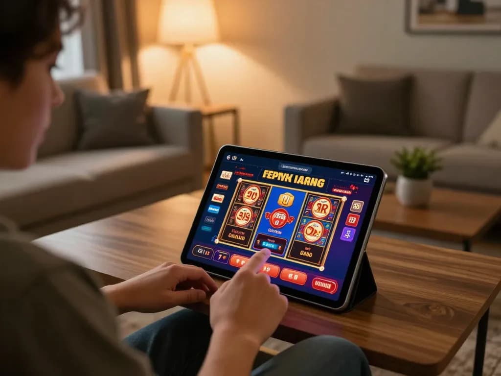 Engaged user enjoying the sunwin app for online casino gaming on a tablet in a cozy home.