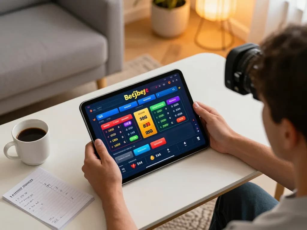 Person engaged in online betting using the betbet app on a tablet, surrounded by a cozy home setting.