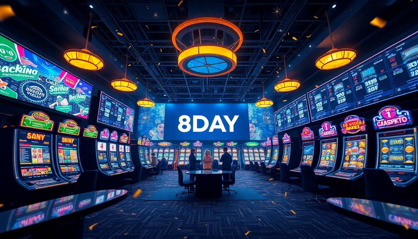 Exciting online gaming experience at 8DAY with live dealers and vibrant slot machines.