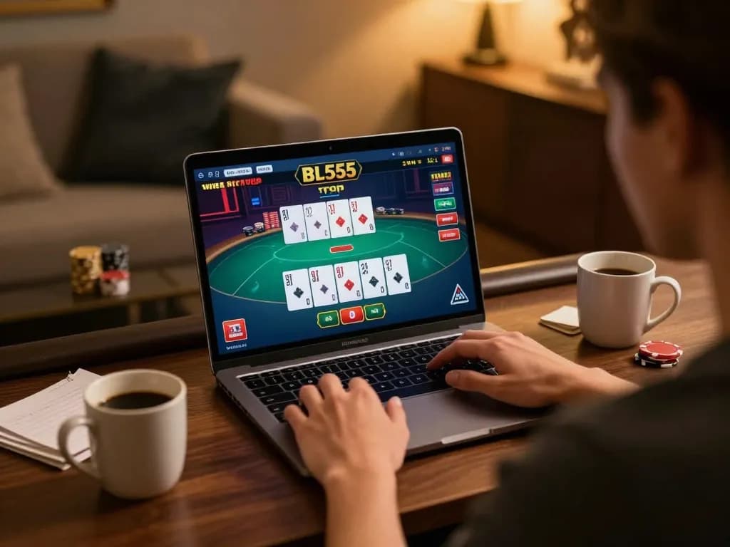 Engaging in BL555 online casino gaming with laptop featuring poker interface, cozy atmosphere.