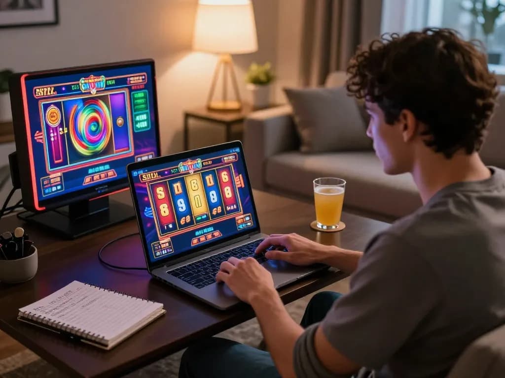 Player immerses in thrilling jus77 slot gameplay on laptop in cozy home setup with strategic notes visible.
