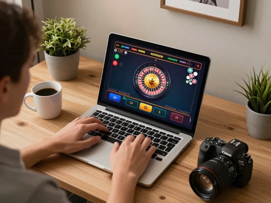 Player engages with live roulette game on yowesjp platform from modern home office.