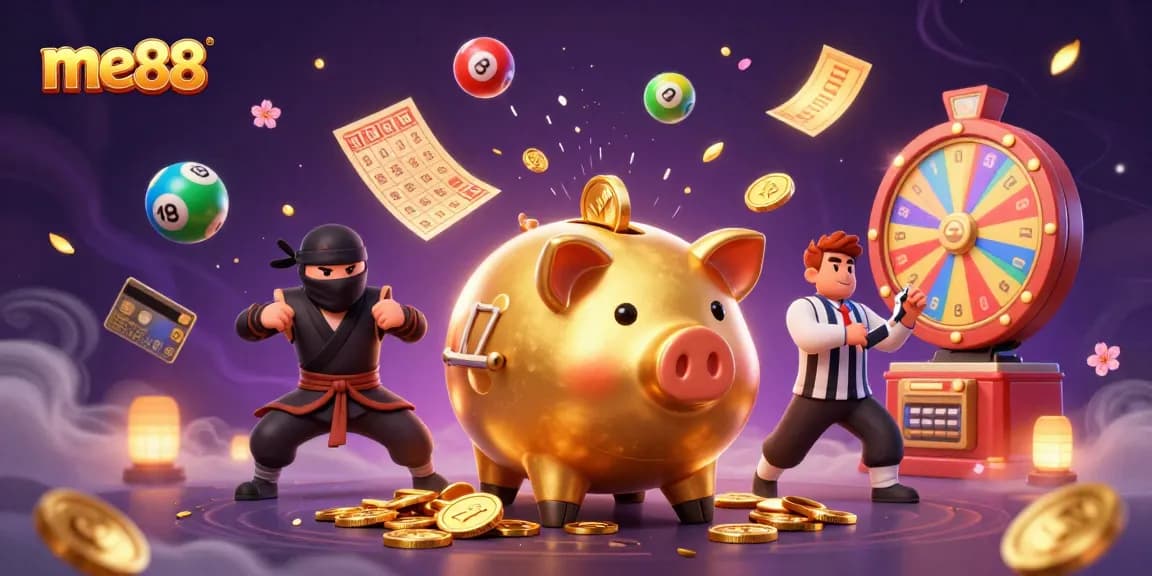 Experience thrilling gaming action at me88 with a golden piggy bank sumo wrestler and vibrant casino elements.