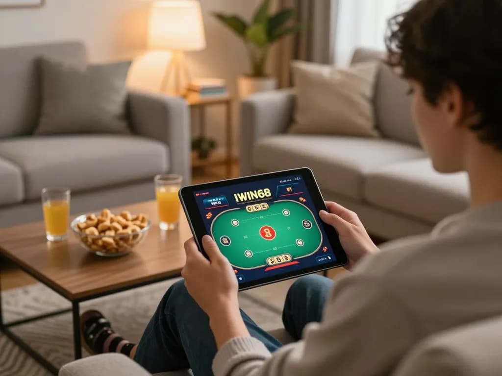 IWIN68 user playing poker online on a tablet at home, engaging in responsible gaming