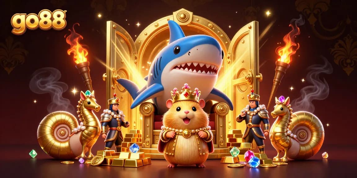Experience the thrilling world of go88 with a vibrant 3D illustration showcasing a golden hamster king on a unique throne, surrounded by treasure and gaming elements.
