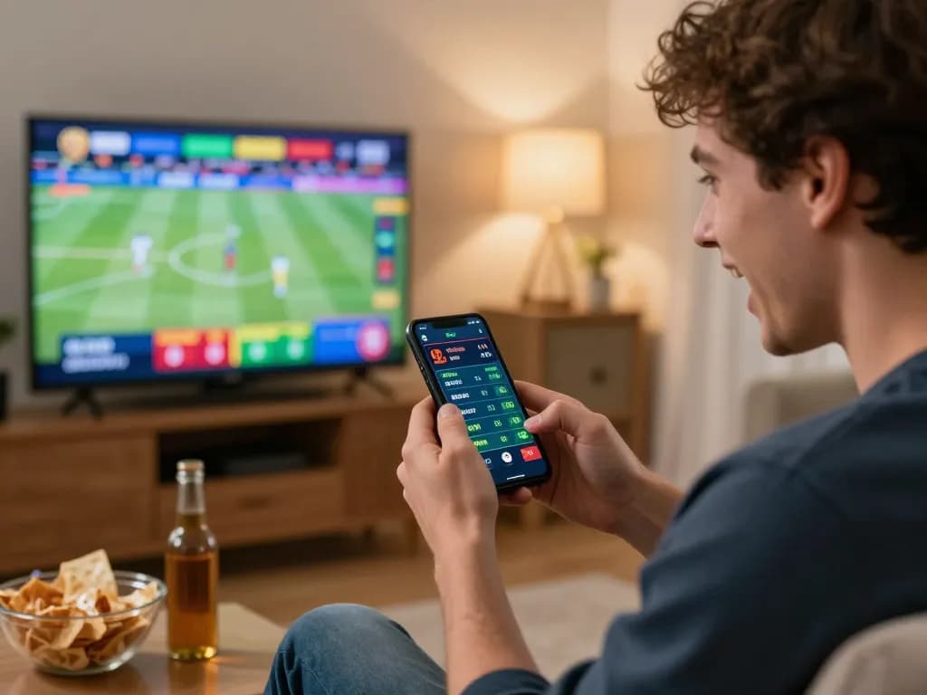 F168 user placing live sports bets on smartphone during an exciting game.