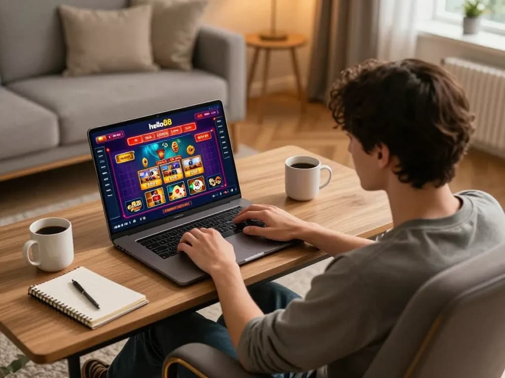 Player enjoying hello88 online casino gaming on a stylish laptop in a cozy home.