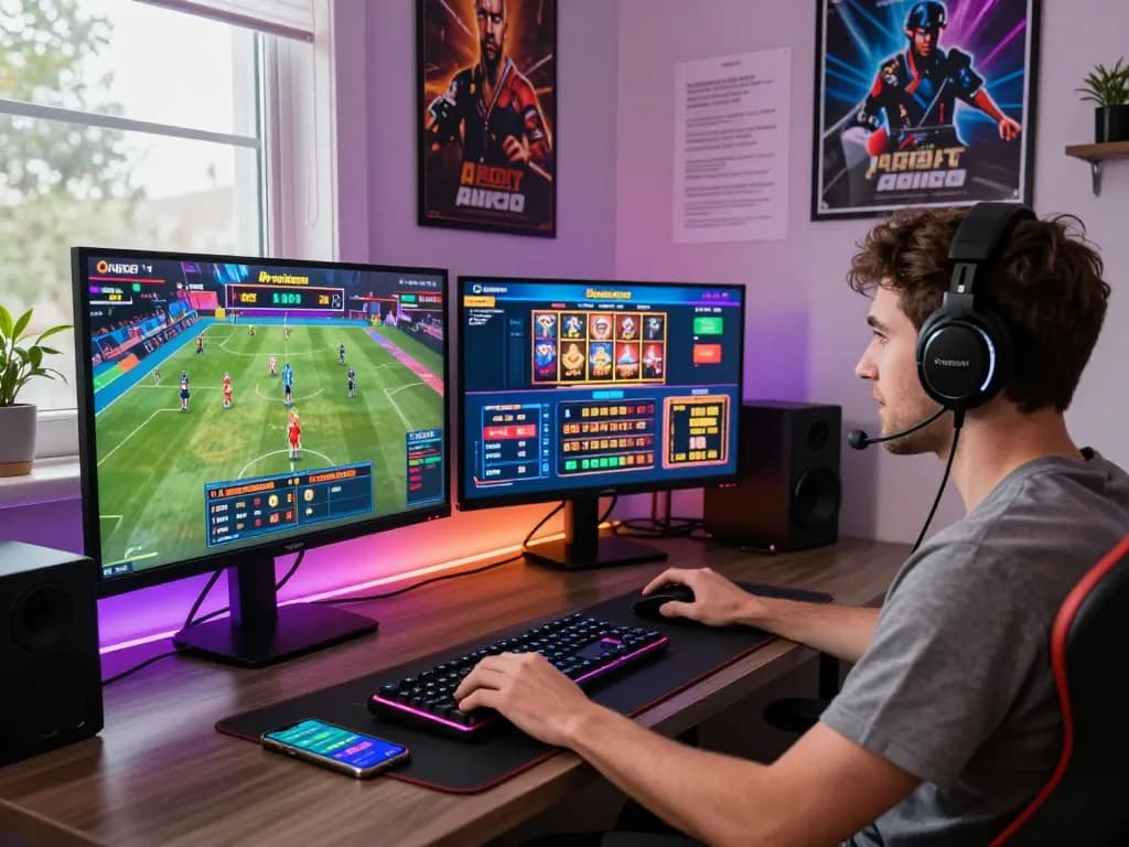 Player enjoying thrilling Onbet gaming session at home, vibrant atmosphere with LED lights and multiple screens.
