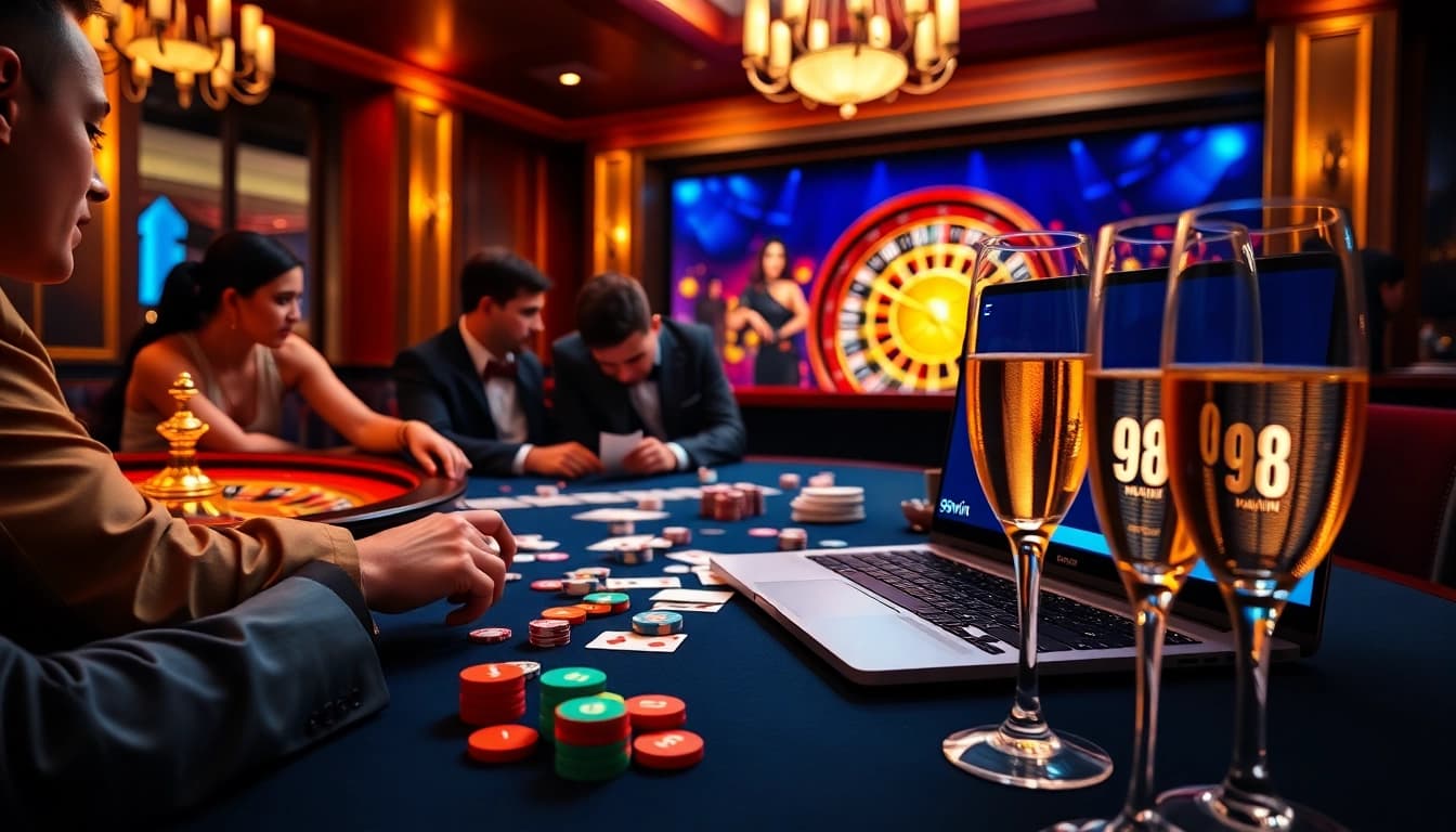 98win players enjoying casino games at a luxurious table with poker chips and cards.