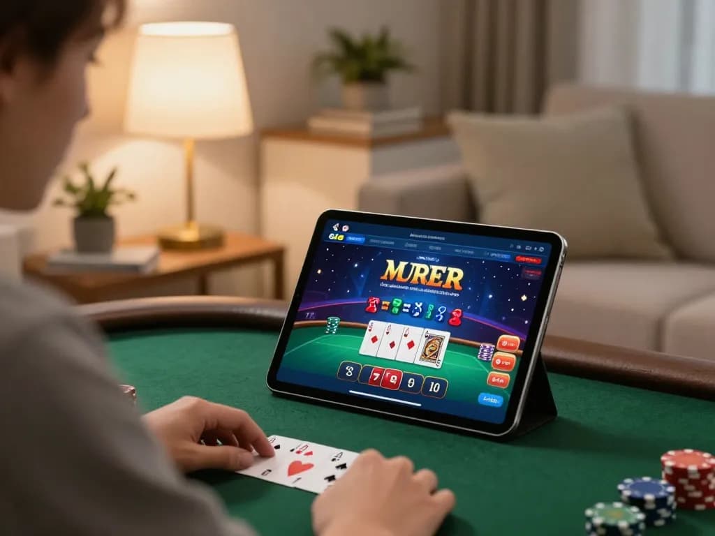 Play poker online on HD88 with a tablet in a cozy living room setup, showcasing strategic gaming.