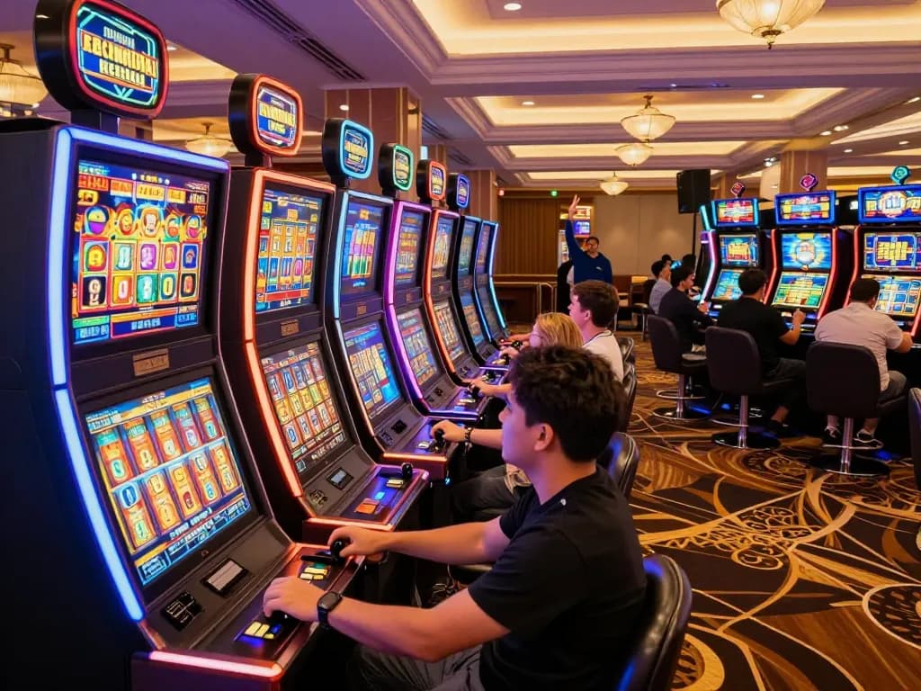 Exciting 88vv casino scene with vibrant slot machines and engaged players celebrating wins.