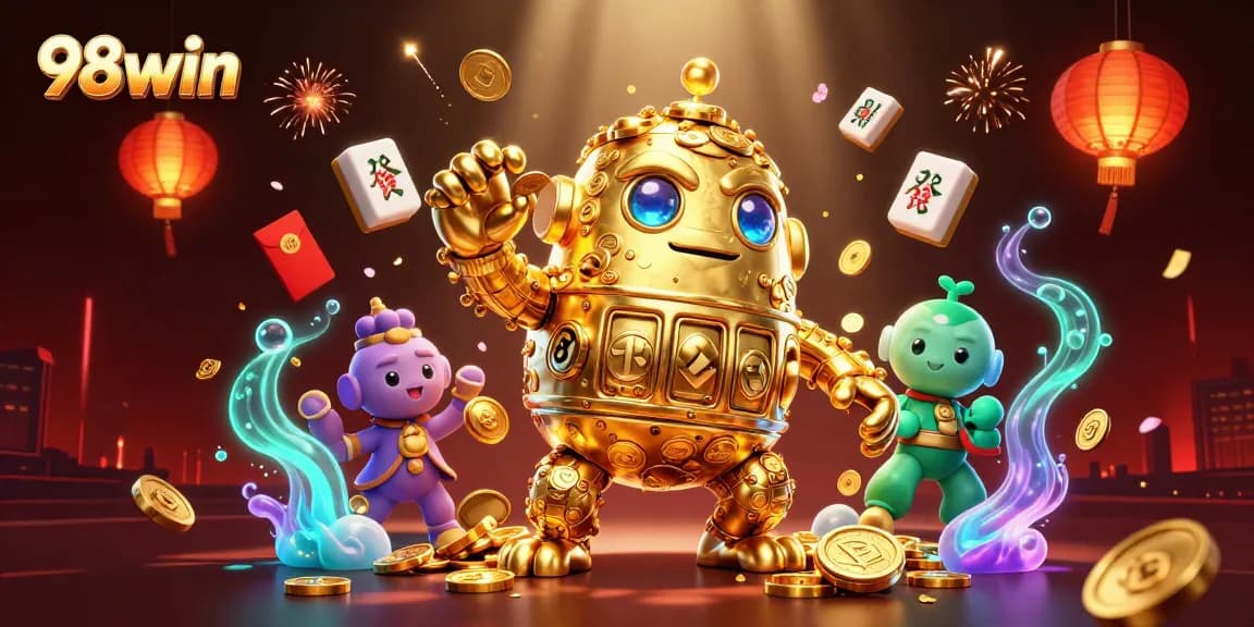 Experience the thrill of 98win with a vibrant 3D illustration featuring golden golems and casino symbols.