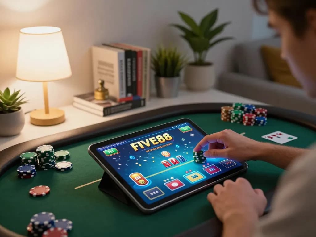 Engaging in a FIVE88 online poker game while managing chips and strategy notes at home