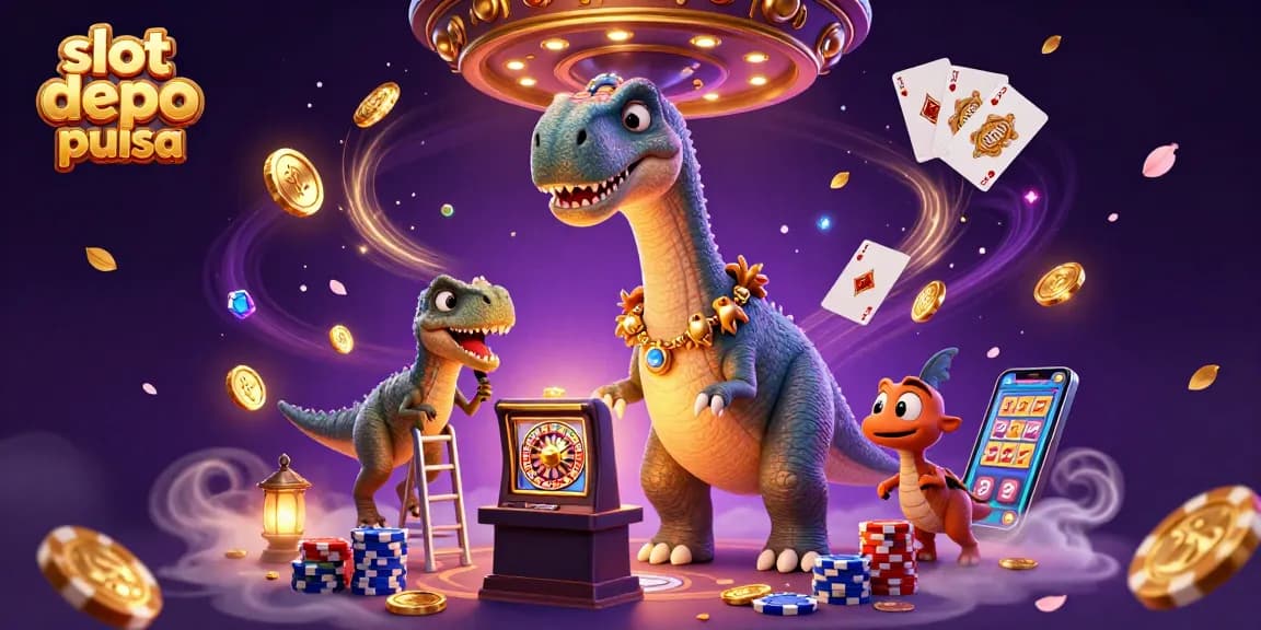 Permainan slot depo pulsa di kasino, dengan karakter hewan kartun dan koin emas yang bertebaran.