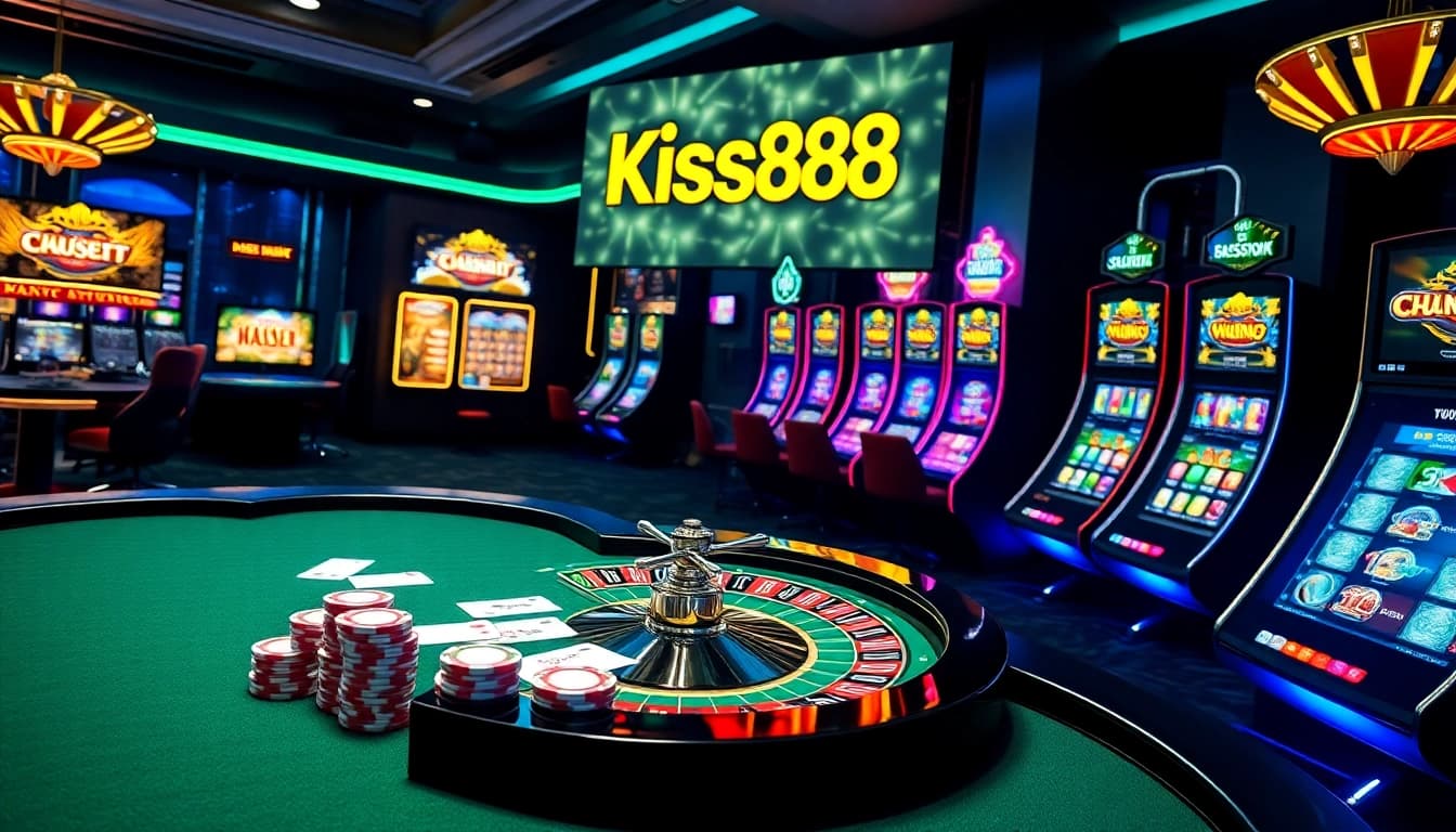 Kiss888 showcases an exciting online gaming experience with vibrant poker tables and roulette wheels.
