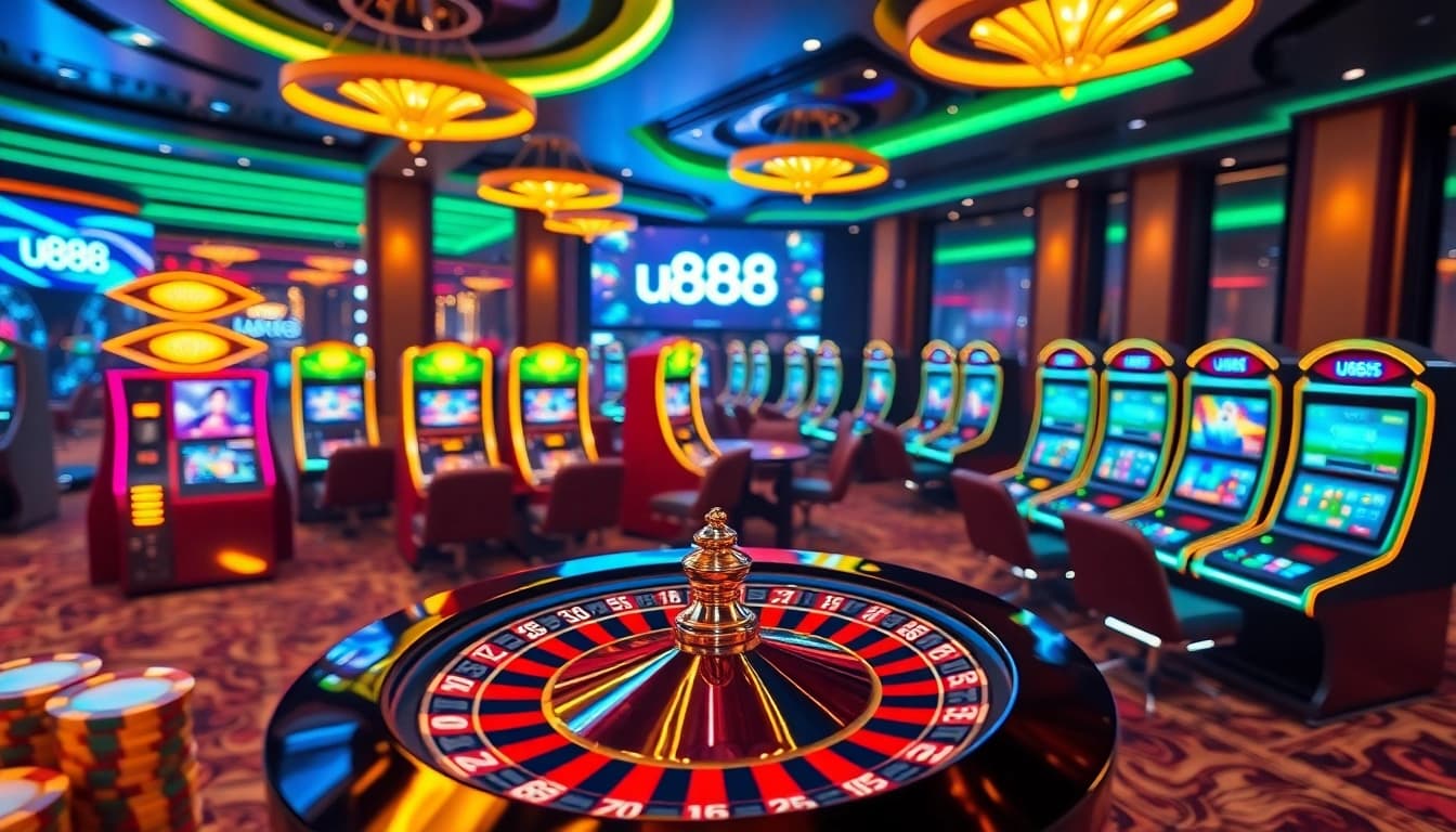 Excited players engaging with u888 online casino games featuring roulette and poker chips.