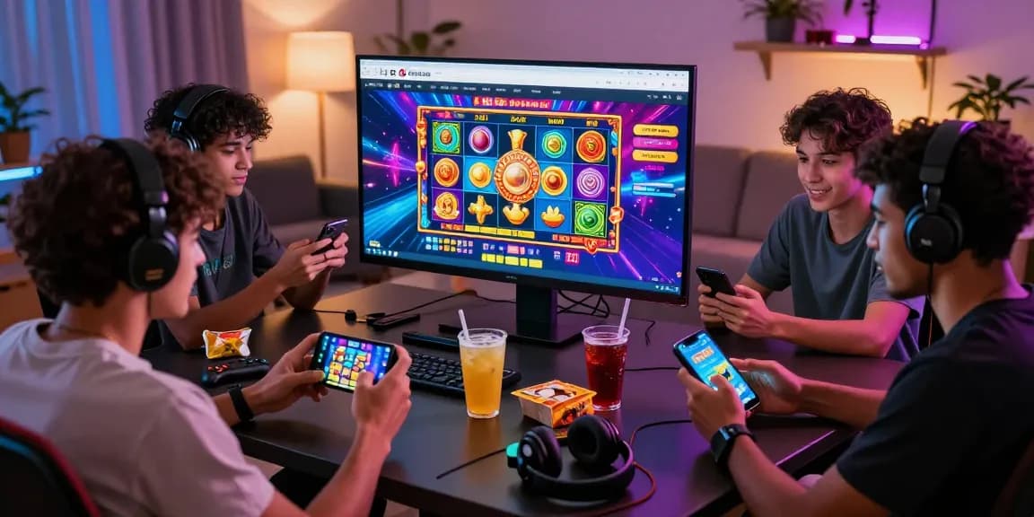 Exciting scene depicting friends enjoying a gaming night, showcasing deposit pulsa tanpa potongan on their devices.